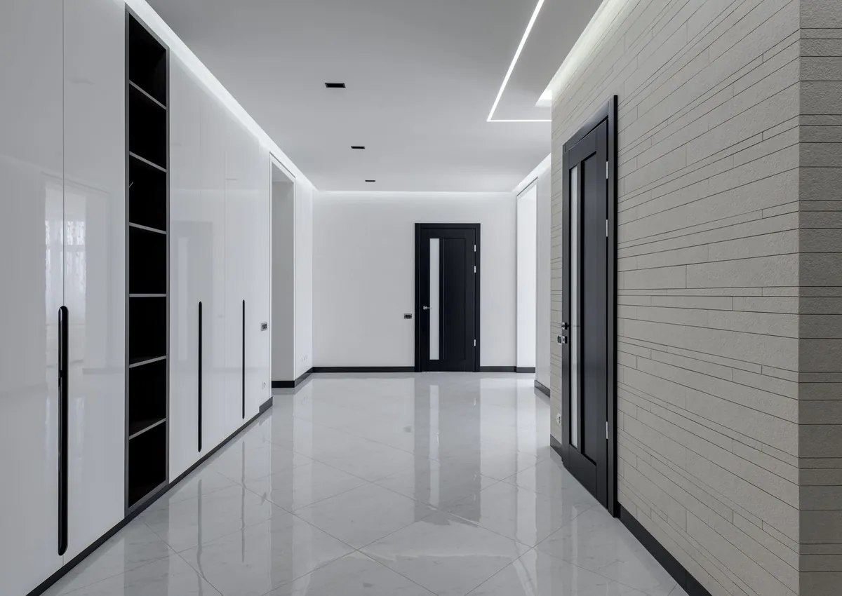 Wide corridor in modern house with white tiled walls and floor black wooden doors and shelves for storage built in wall