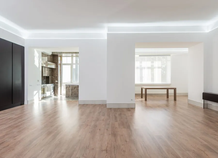 Bright and spacious empty room with wooden flooring, modern design, ideal for interior design inspiration.