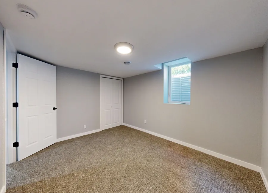 Bright empty room with carpet flooring and natural light from window.