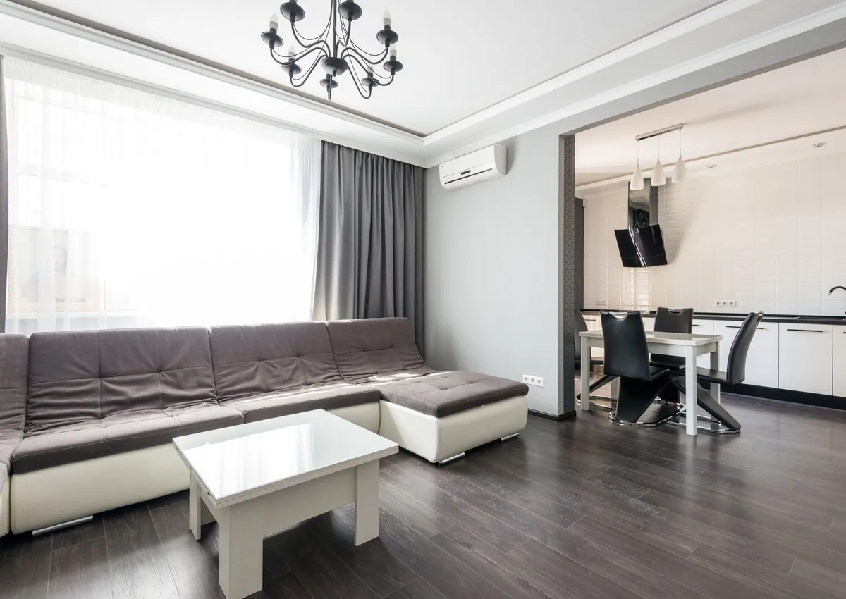 Interior of modern white flat furnished with comfortable couch and dining zone with wooden floor and white walls
